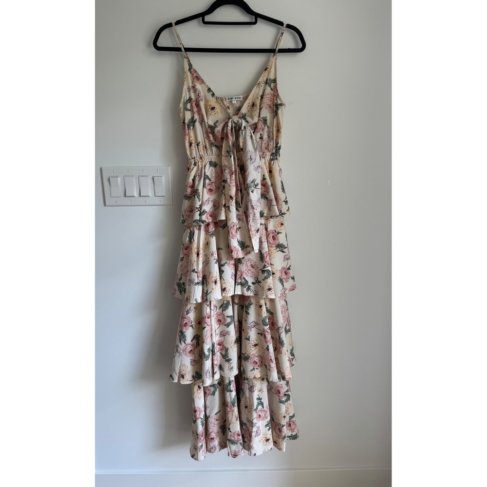 Bump Biddy Cream Floral Tiered Maxi Dress Front Tie Ruffle V-Neck Small NEW